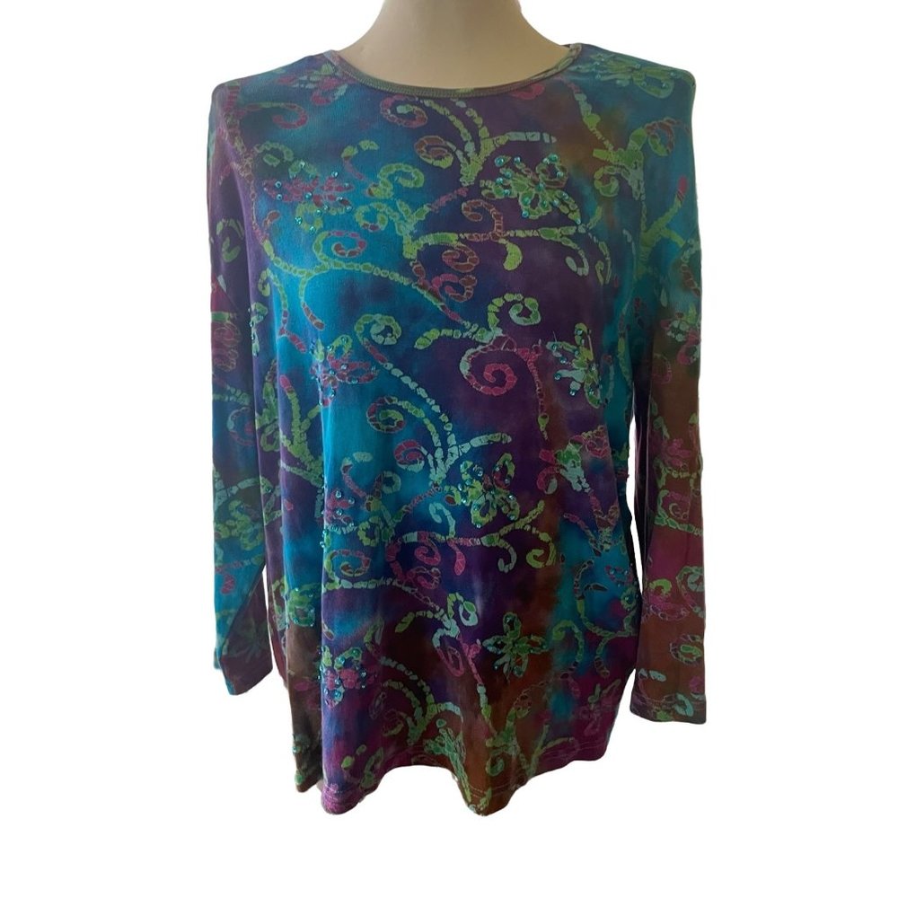 Take two batik and tye dye top, size 2X long sleeve cotton with beads & sequins.